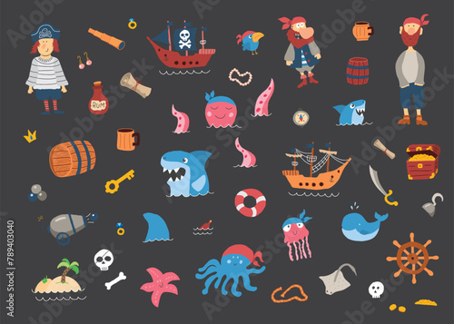 Cute Pirate elements collection. Cartoon sea adventures items set. Vector illustration