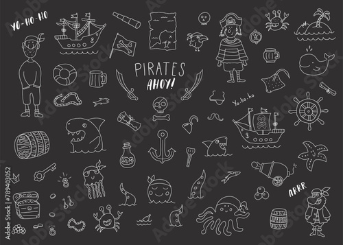 Cute Pirate elements collection. Cartoon sea adventures items set. Vector illustration