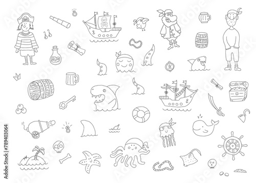 Cute Pirate elements collection. Cartoon sea adventures items set. Vector illustration