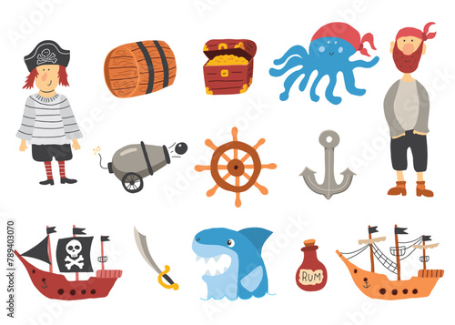 Cute Pirate elements collection. Cartoon sea adventures items set. Vector illustration