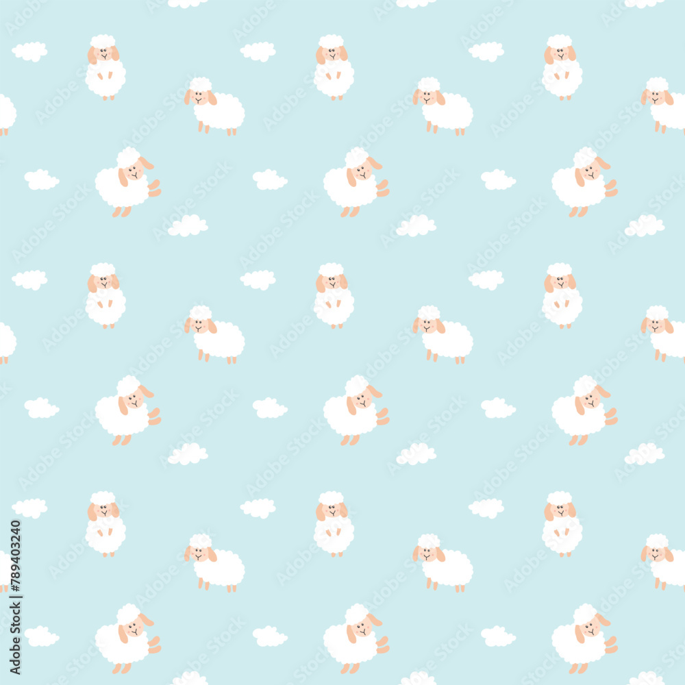 Cute Sheep Seamless Pattern, Cartoon Background vector Illustration