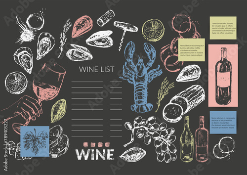 Vector wine illustration. Wine bottle, glass, wine stains, cork, corkscrew, cheese, seafood, bread, hand holding glass