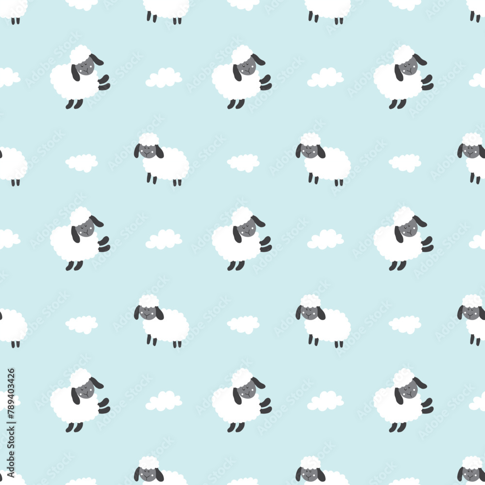 Naklejka premium Cute Sheep Seamless Pattern, Cartoon Background vector Illustration
