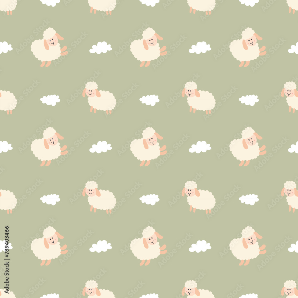 Fototapeta premium Cute Sheep Seamless Pattern, Cartoon Background vector Illustration