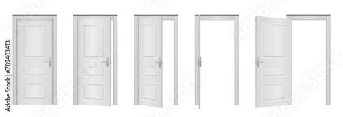 Open and closed front door of the house isolated on white background. Wooden outdoor entrance with shining light. Open and closed entrance realistic door. Classic room concept. Vector illustration.