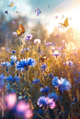 Enchanting Cornflower Field: Blooming Petals Graceful Butterflies