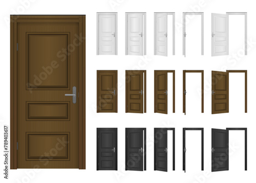 Open and closed front door of the house isolated on white background. Wooden outdoor entrance with shining light. Open and closed entrance realistic door. Classic room concept. Vector illustration.