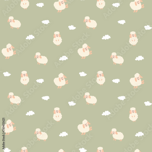 Cute Sheep Seamless Pattern, Cartoon Background vector Illustration