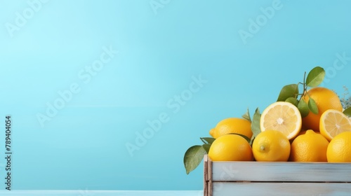 Lemons on wooden table with light blue background. Summer holiday banner with fresh citrus fruits in a wooden box, summer accessories and lemons on a blue background with copy space photo