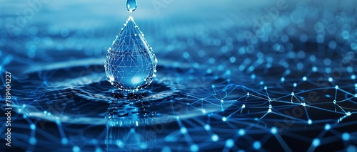 digital blue water drop icon with binary code, artificial intelligence in water resource management, hydrology modeling, environmental monitoring, analysis for sustainable conservation efforts.

