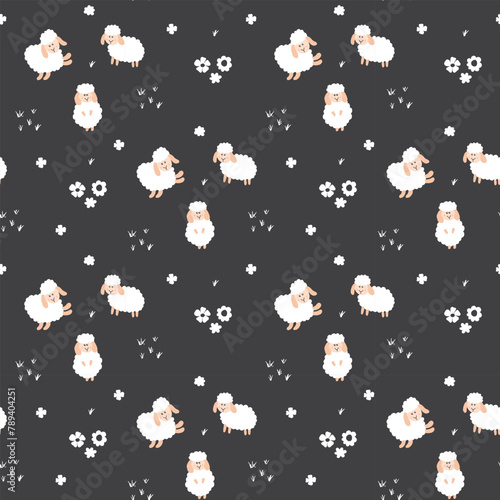 Cute Sheep Seamless Pattern, Cartoon Background vector Illustration