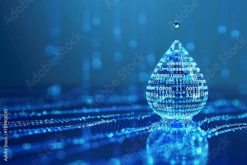 digital blue water drop icon with binary code, artificial intelligence in water resource management, hydrology modeling, environmental monitoring, analysis for sustainable conservation efforts.
 photo