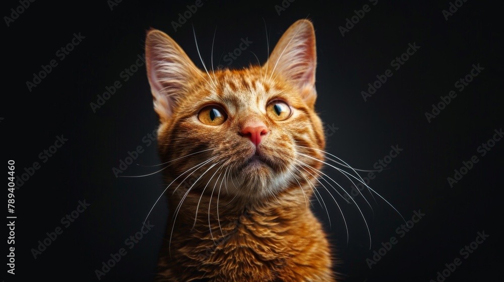 Funny Looking Muzzle of Ginger Red Cat on Black Background