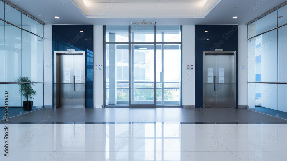 Modern Corporate Office Lobby with Twin Elevators Modern Corporate Office Lobby with Twin Elevators