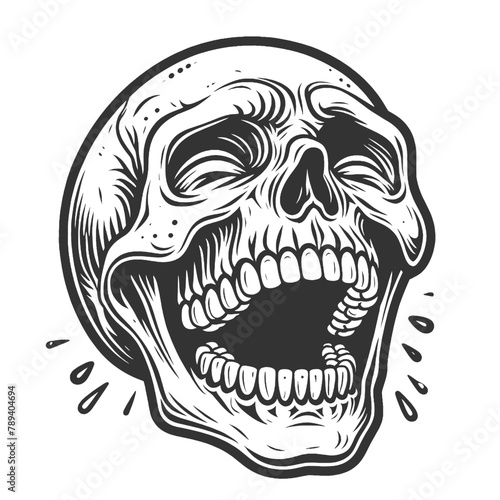 Cartoon laughing Human Skull sketch engraving generative ai fictional character vector illustration. Scratch board imitation. Black and white image. Tattoo. 