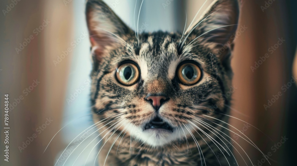 Muzzle of a cute tabby cat with open mouth, selective focus. Close up portrait of a cat is surprised or amazed.