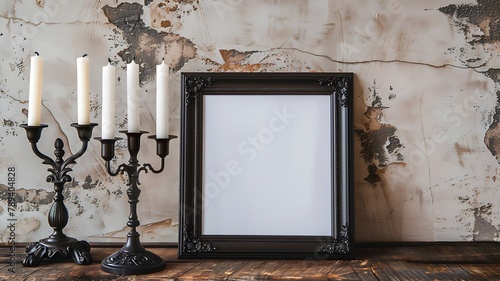 blank photo frames and candlesticks on wooden table