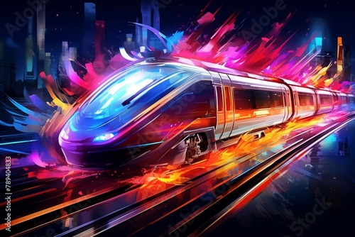 Futuristic image concept of a neon glowing of a high speed train runs through the city center at night. Generative AI. © Surachetsh