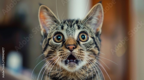 Muzzle of a cute tabby cat with open mouth, selective focus. Close up portrait of a cat is surprised or amazed.