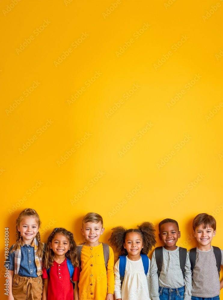 un groupe d'enfants alignés devant un fond jaune avec espace vide, pour la rentrée scolaire un groupe d'enfants alignés devant un fond jaune avec espace vide, pour la rentrée scolaire