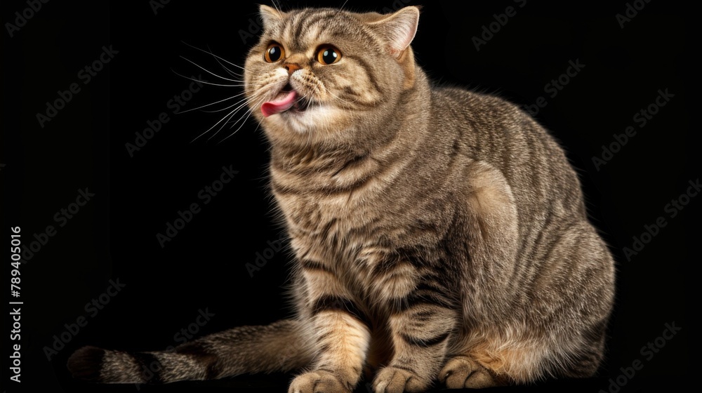Scottish Fold cat is sitting with his tongue hanging out Scottish Fold cat is sitting with his tongue hanging out