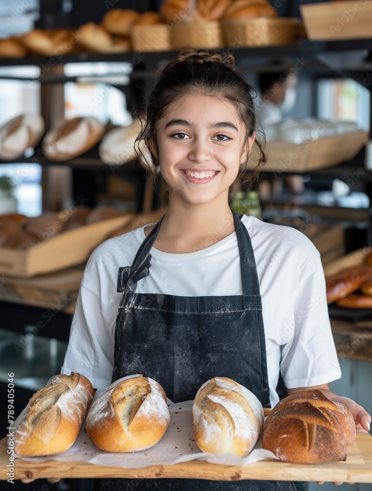 Portrait of a happy young Asian woman holding a loaf of sourdough bread in a bakery. female owner is standing behind the counter with fresh baked goods on display. concept for a small bakery business Portrait of a happy young Asian woman holding a loaf of sourdough bread in a bakery. female owner is standing behind the counter with fresh baked goods on display. concept for a small bakery business