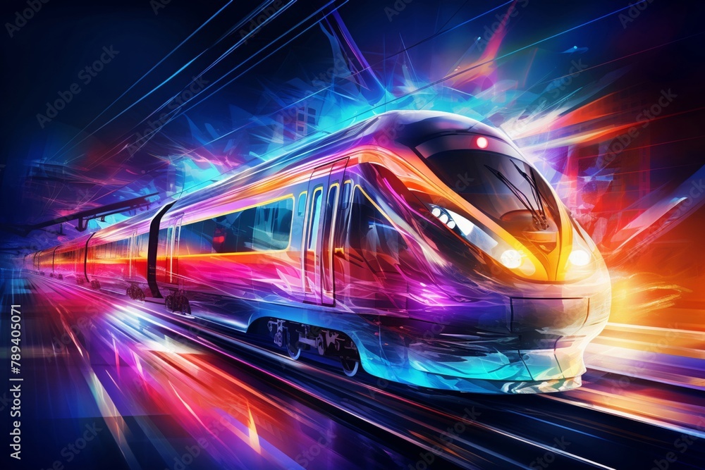 Futuristic image concept of a neon glowing of a high speed train runs through the city center at night. Generative AI. Futuristic image concept of a neon glowing of a high speed train runs through the city center at night. Generative AI.