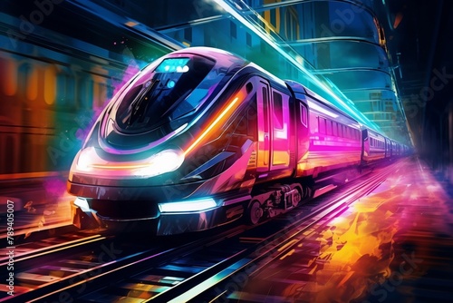 Futuristic image concept of a neon glowing of a high speed train runs through the city center at night. Generative AI.