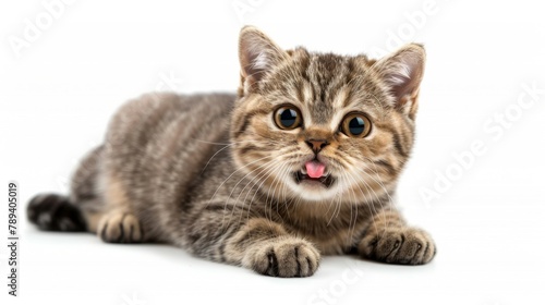 Scottish Fold cat is sitting with his tongue hanging out