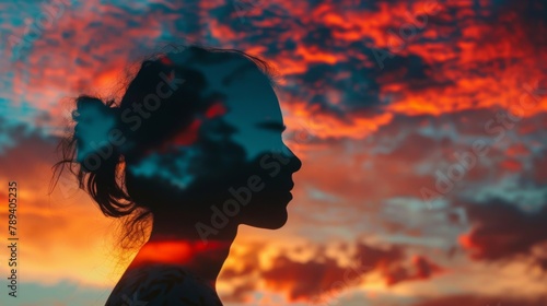 Shadow of a person's profile against a colorful sunset sky, representing the fleeting nature of time and the beauty of the present moment. photo
