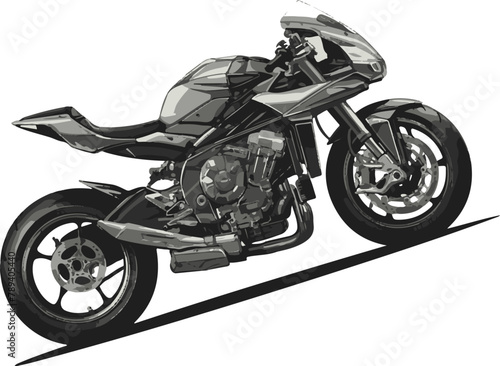 a black and white illustration of a modern motorcycle with visible engine and exhaust system.