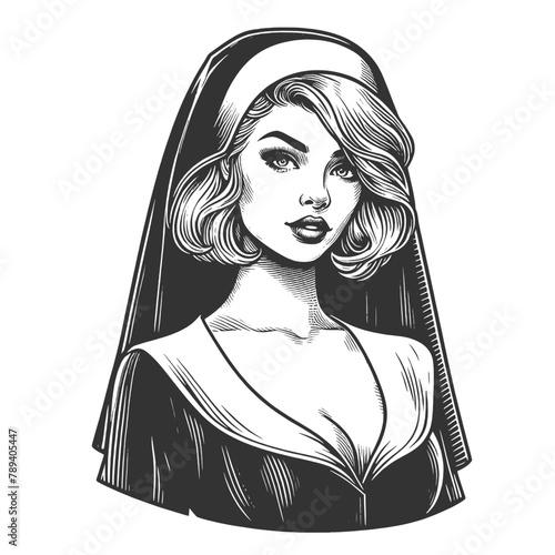 Nun woman wearing a veil, depicted in a detailed retro engraving style sketch engraving generative ai fictional character vector illustration. Scratch board imitation. Black and white image.