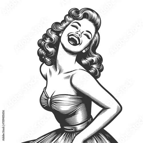 woman laughing heartily, her head thrown back in a moment of pure joy and infectious mirth sketch engraving generative ai fictional character vector illustration. Black and white image.
