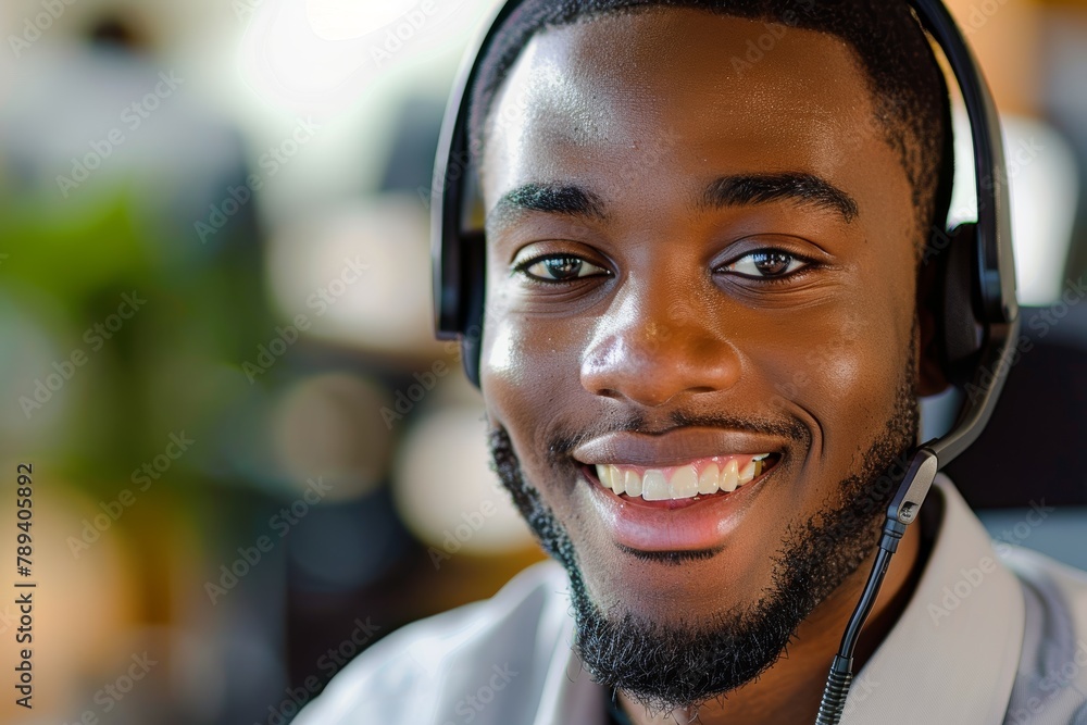 Telemarketing, consultation, and customer support call center, face, and smiling with businessman portrait. CRM, help desk, and contact us service with black man ecommerce, telecom, and microphone Telemarketing, consultation, and customer support call center, face, and smiling with businessman portrait. CRM, help desk, and contact us service with black man ecommerce, telecom, and microphone