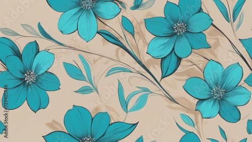 Abstract background of turquoise flowers on a beige background in the style of painting. Beautiful, minimalistic print.