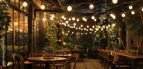 Vintage decor and string lights adorn an outdoor terrace, creating a charming ambiance for a nostalgic 4PM garden gathering. photo