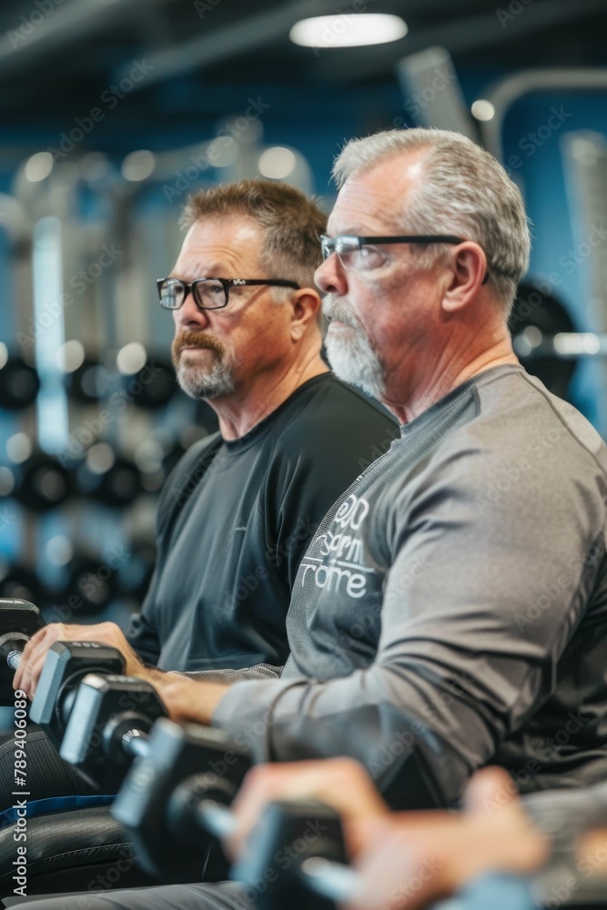 Gym Workout: Man and Mature Senior with Dumbbells Gym Workout: Man and Mature Senior with Dumbbells