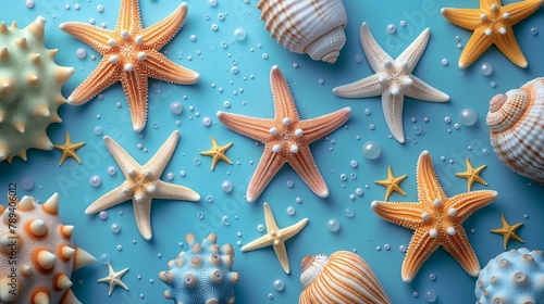 A vibrant pattern of various starfish and seashells artistically arranged on a bright blue background. Marine life and ocean treasures. Summer concept.