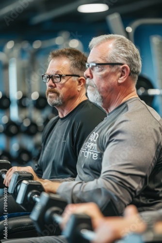 Gym Workout: Man and Mature Senior with Dumbbells
