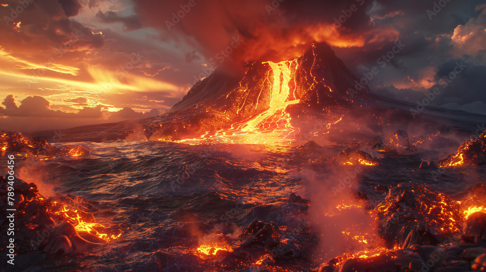 Volcanic eruption at sea lava flowing