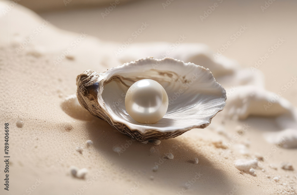 White pearl in an oyster shell on white sand, natural light. Concept jewelry, ocean treasures, gemstones, beauty care White pearl in an oyster shell on white sand, natural light. Concept jewelry, ocean treasures, gemstones, beauty care