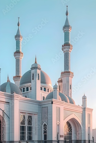 Serene Islamic Mosque with Minarets Reaching Towards a Clear Blue Sky