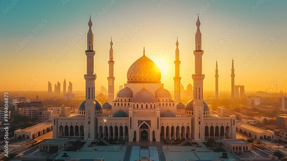 Obraz premium Captivating Aerial View of Majestic Islamic Mosque at Golden Hour with Stunning Geometric Architecture and Serene Sky