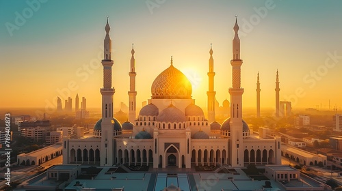 Captivating Aerial View of Majestic Islamic Mosque at Golden Hour with Stunning Geometric Architecture and Serene Sky