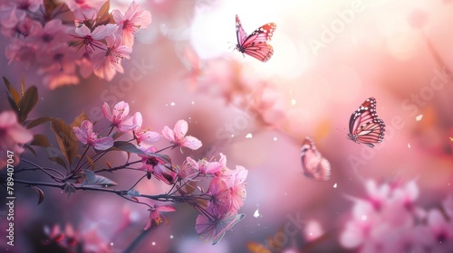 Enchanting Sakura Blossom: A Serene Haven of Pink Petals and Fluttering Butterflies © Katherine