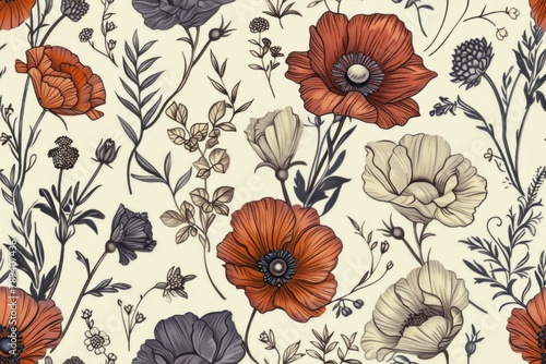 Beautiful seamless pattern with delicate poppies and various other flowers on a soothing beige background for design projects