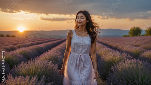 Bellissima ragazza di origini asiatiche felice in un campo di lavanda della Francia meridionale al tramonto durante una vacanza vestita con un abito di lino bianco