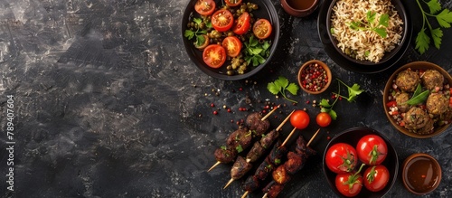Middle Eastern or Arabic cuisine and a variety of small dishes on a dark backdrop. Items include grilled meat skewers, falafel, roasted eggplant dip, chickpea dip, mixed rice with vegetables,