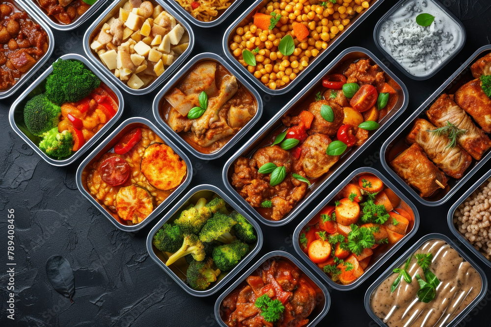 Assorted food in metal containers on dark background, top view, flat lay concept