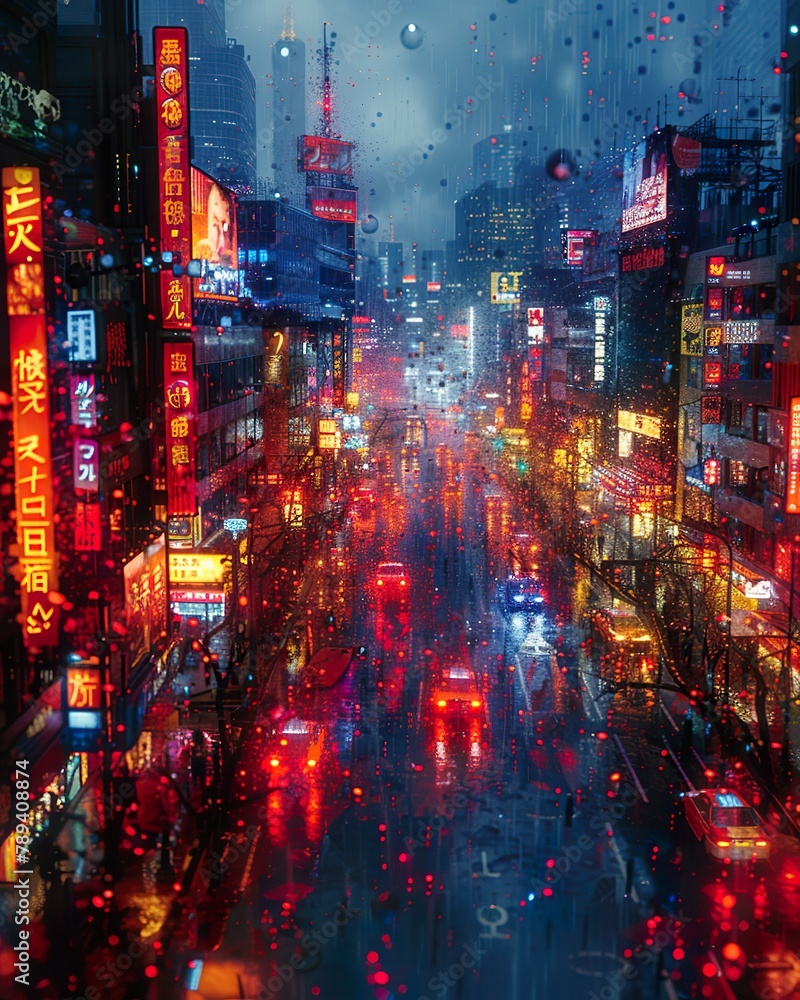 neon-lit cyberpunk street scene bustling with augmented reality advertisements and futuristic technology, contemporary art collage style with pop colors, card classic illustration of a 50s era